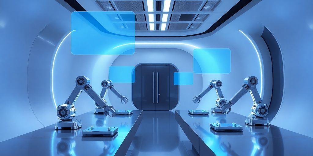 Sleek, futuristic laboratory interior with glowing blue accents.