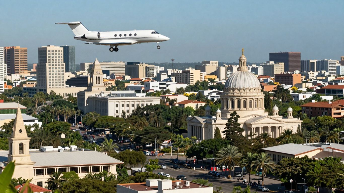 Luxury travel cityscape with private jet.