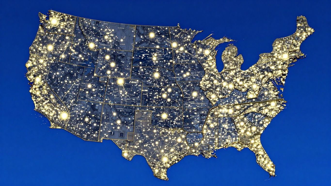 Map of the United States with major cities highlighted.