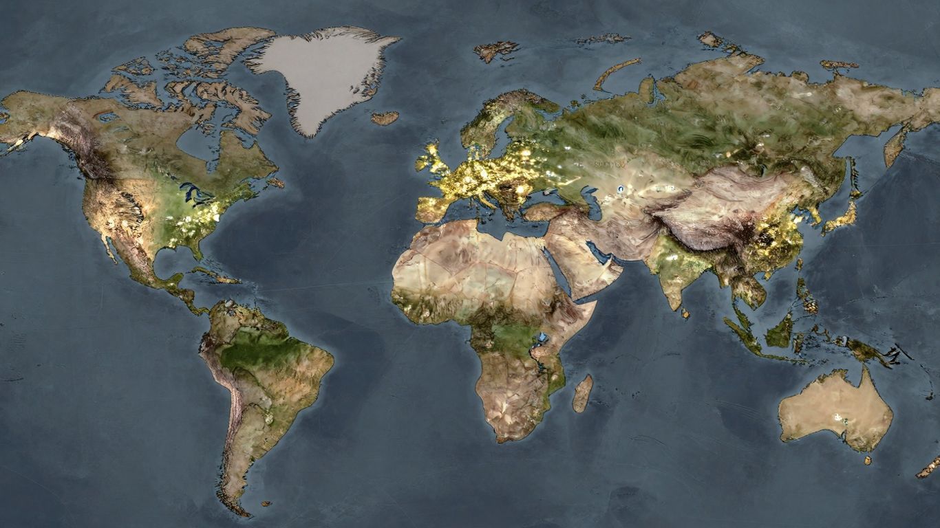 Detailed world map with illuminated city icons.