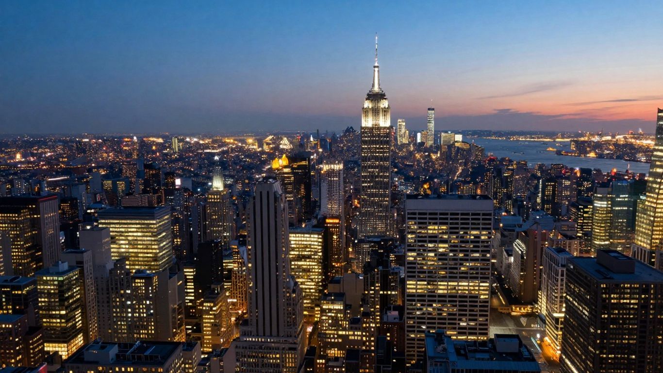 Vast illuminated cityscape at dusk, aerial view.
