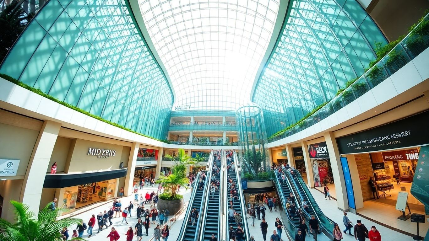 Mid Valley Megamall interior with shoppers and sunlight.
