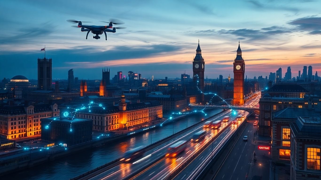 London cityscape with futuristic technology and data streams.