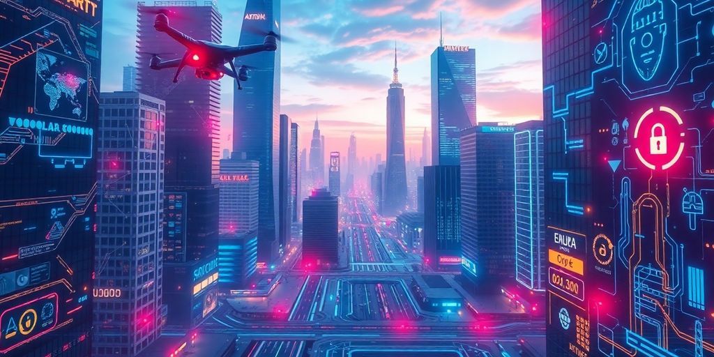 Futuristic cityscape with digital elements and drones.