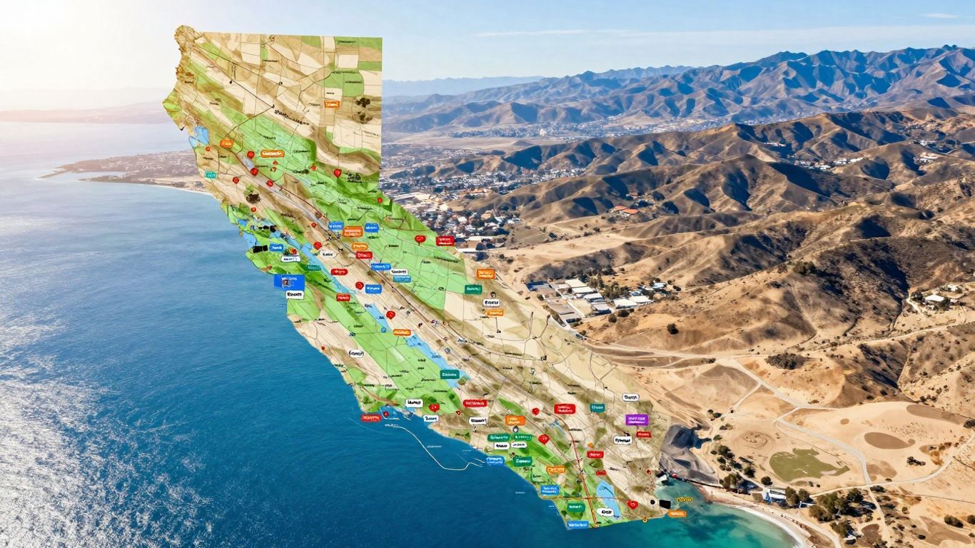 Interactive map of California cities with colorful markers.