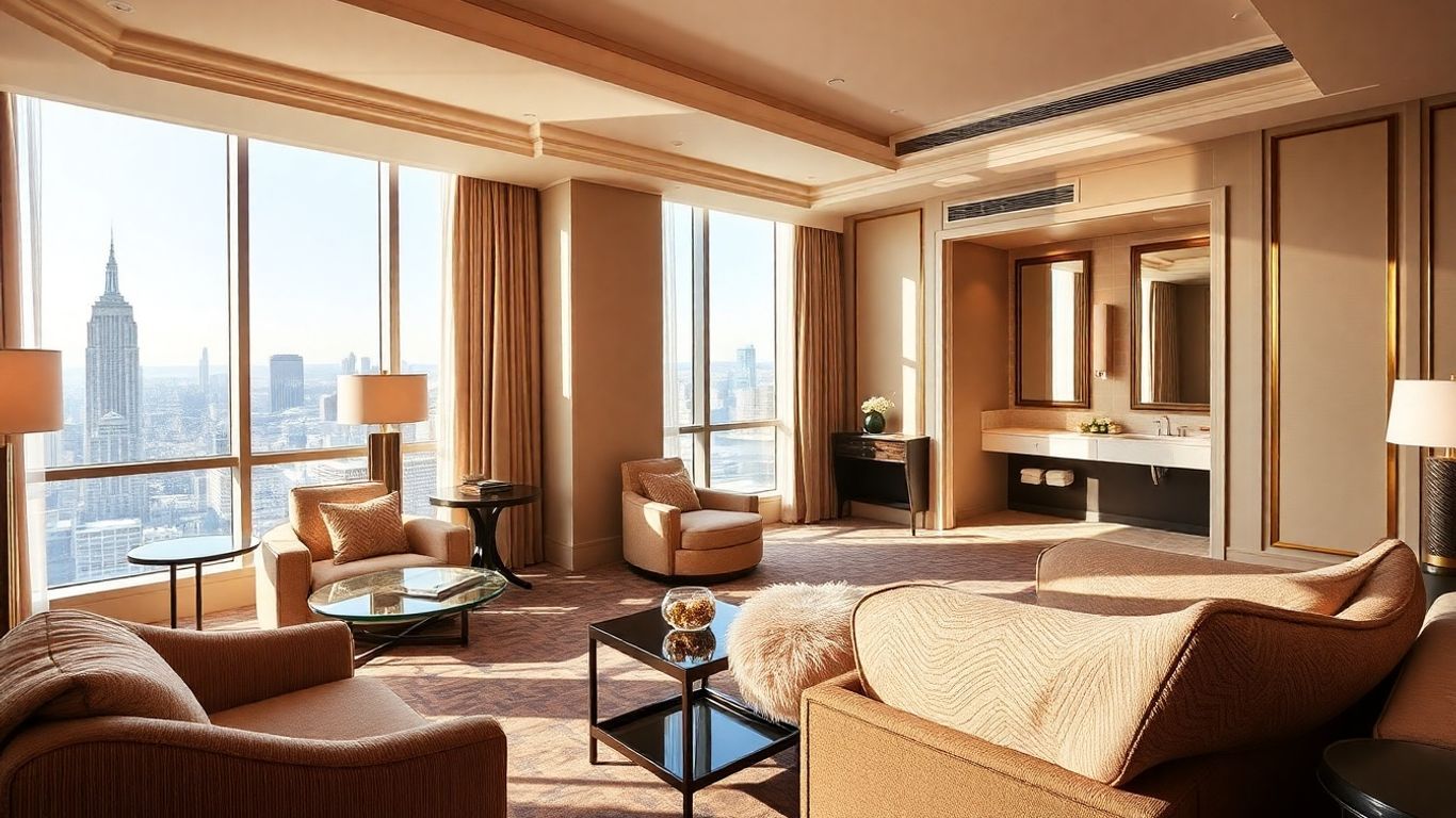 Luxury hotel suite interior with city view