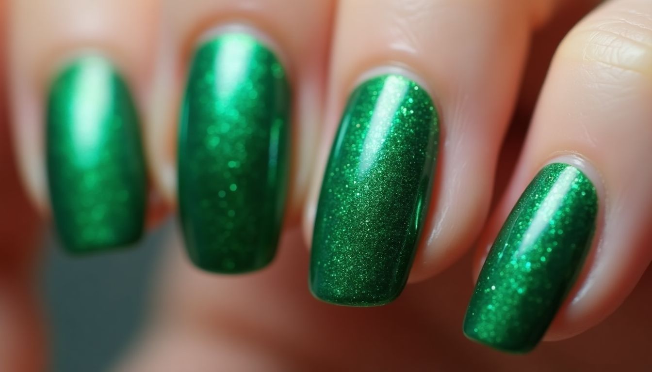 Vibrant emerald cat-eye polish on elegantly manicured nails.