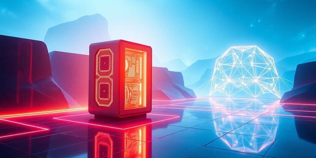 Futuristic quantum computer amidst a high-tech environment.