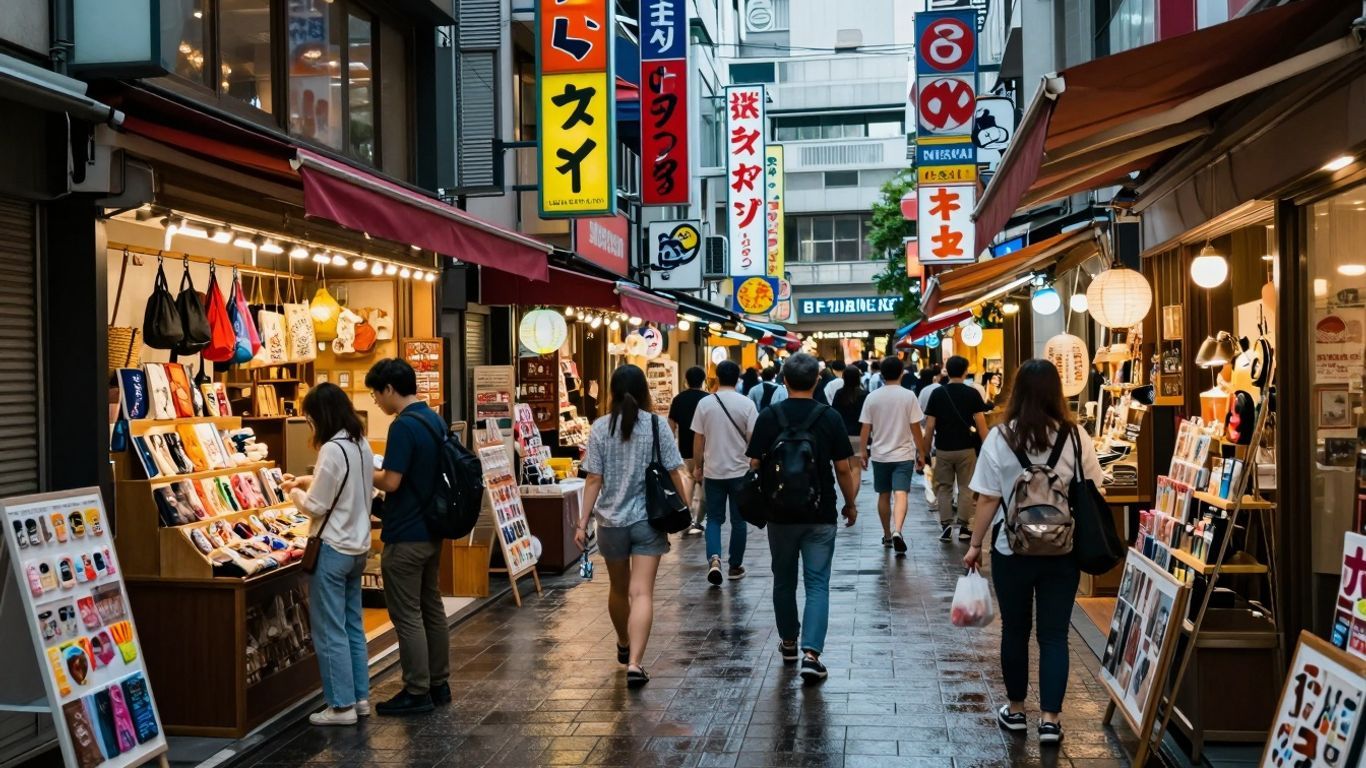 Tokyo shopping street with colorful shops and crowds.