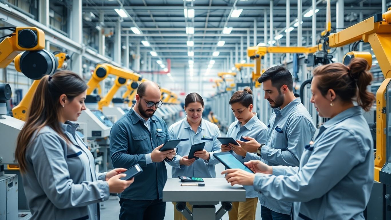 Workers using tablets in a modern smart factory