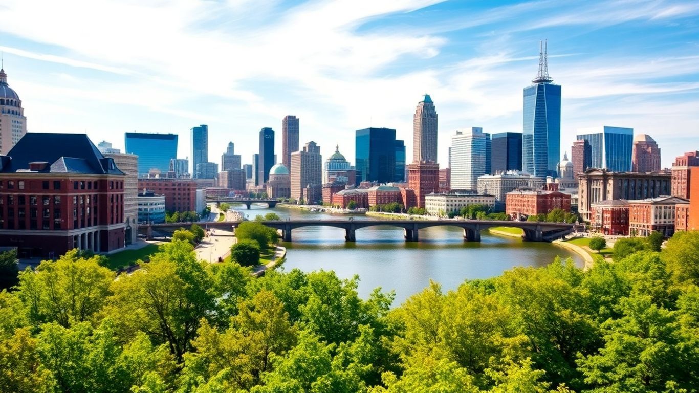 Cleveland cityscape with Rock & Roll Hall of Fame and river.