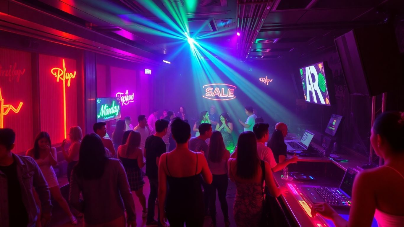 Kuala Lumpur nightclub with neon lights and dancing patrons.