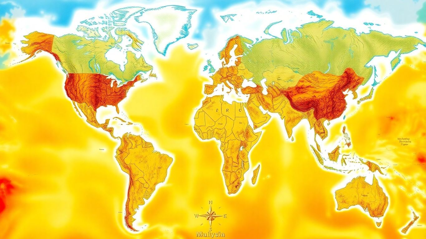 World map with Malaysia highlighted, showing geographical features.