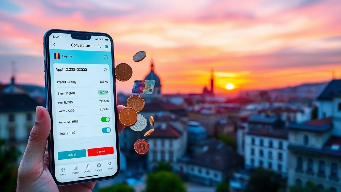 European cityscape with currency app on phone