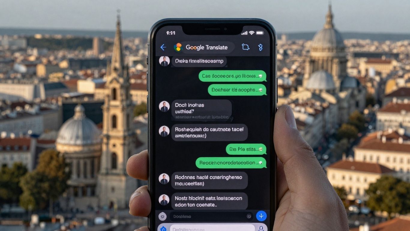 Smartphone showing Google Translate app with European city background.