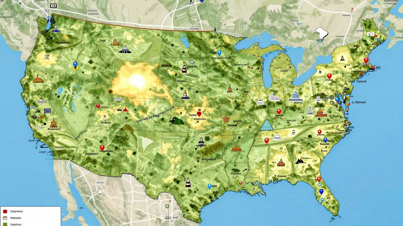 Interactive map of US capital cities with landmarks and roads.