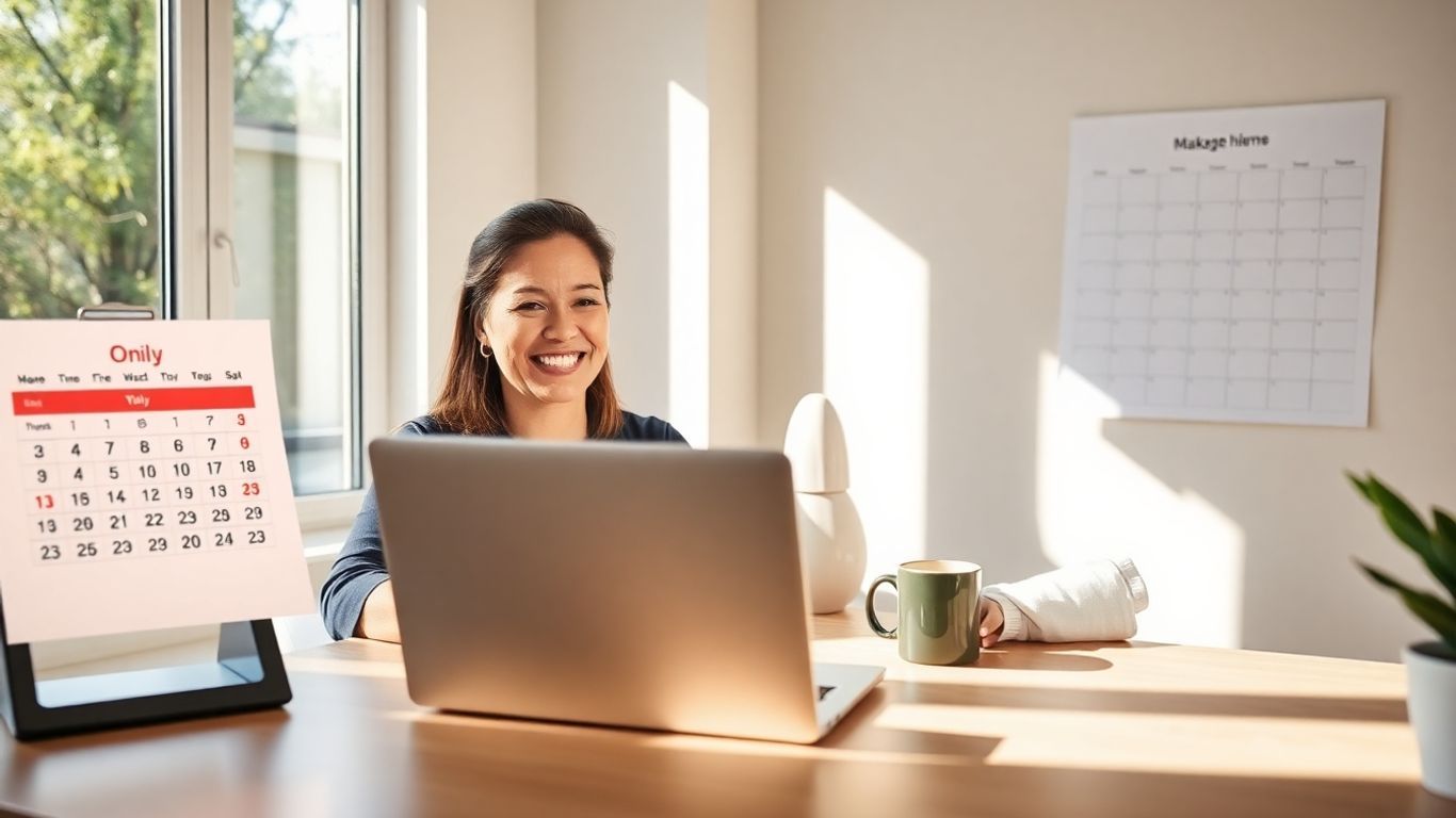 Happy worker at home office with calendar highlights.