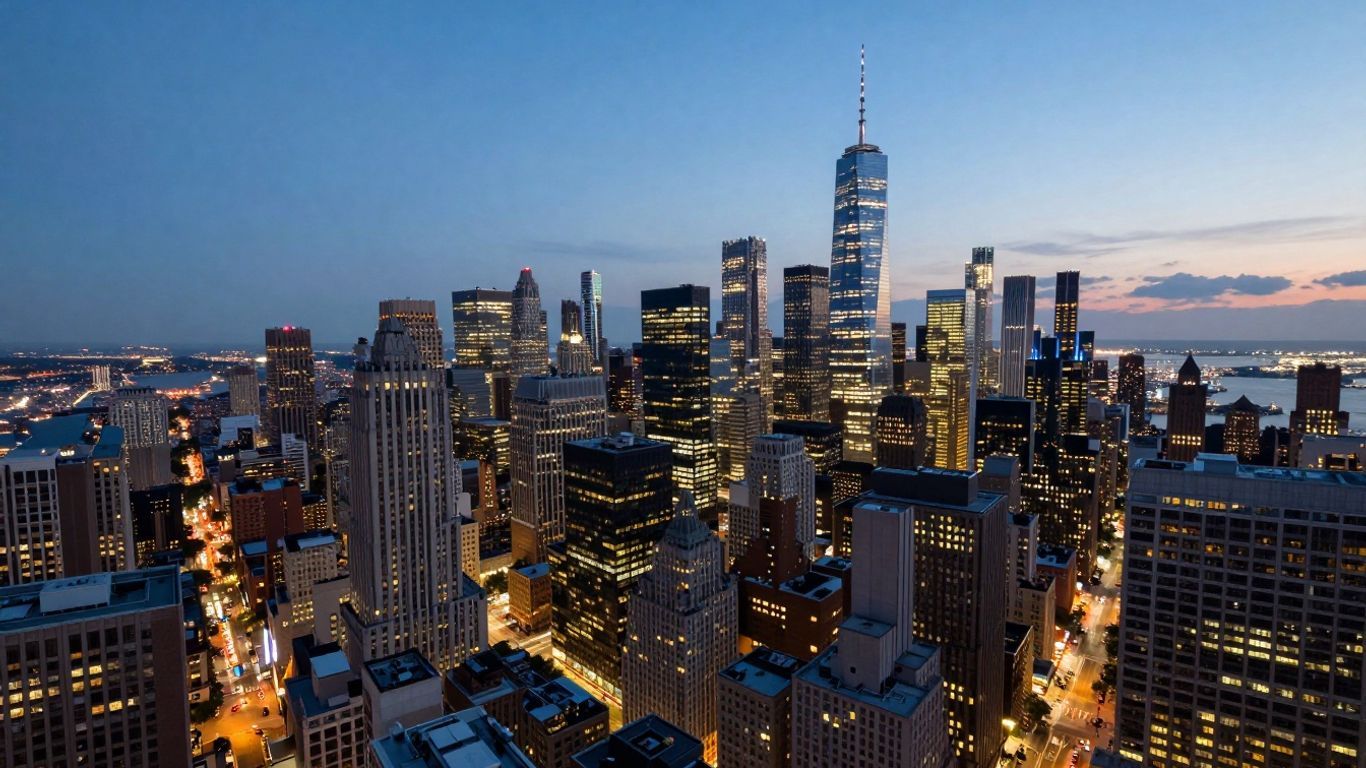 Skylines of major American cities at twilight.