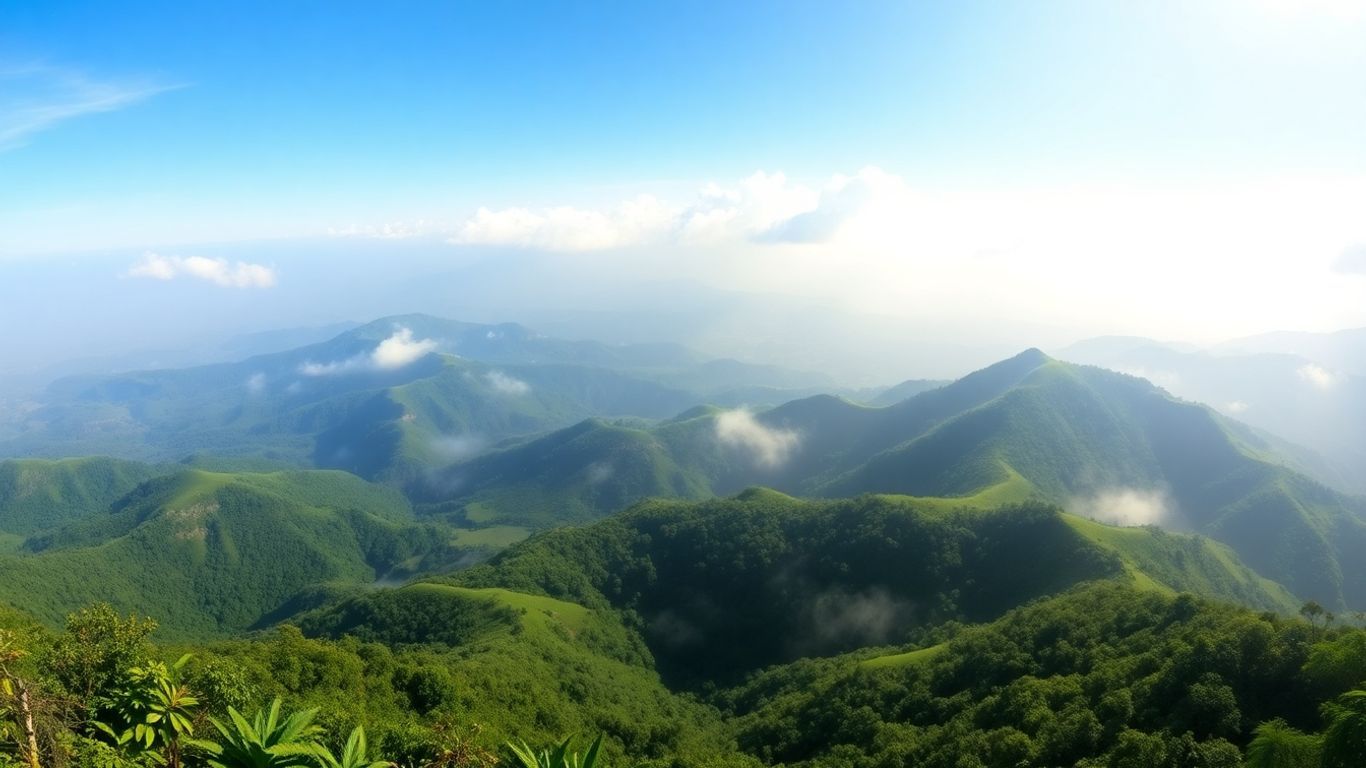 Misty highland landscape with green hills and blue sky.