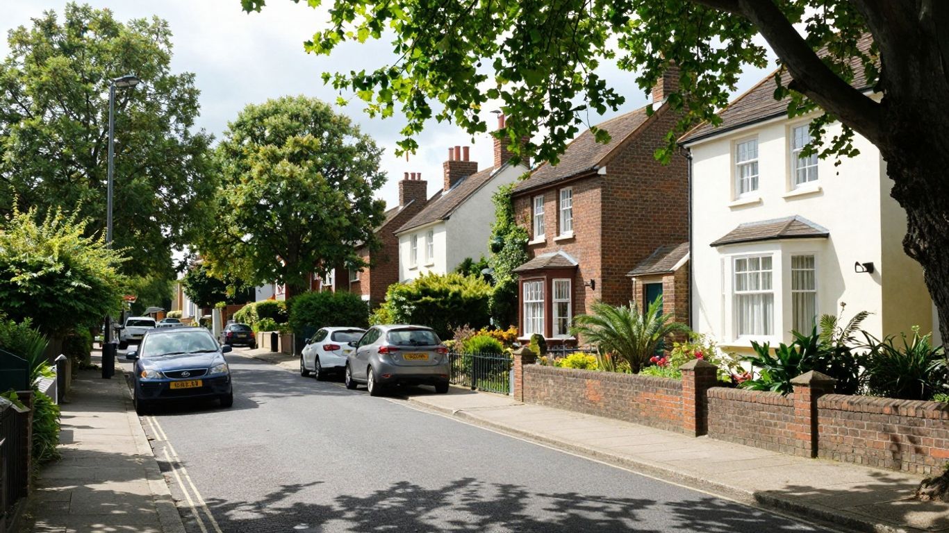 Peaceful English suburban street with houses and trees.