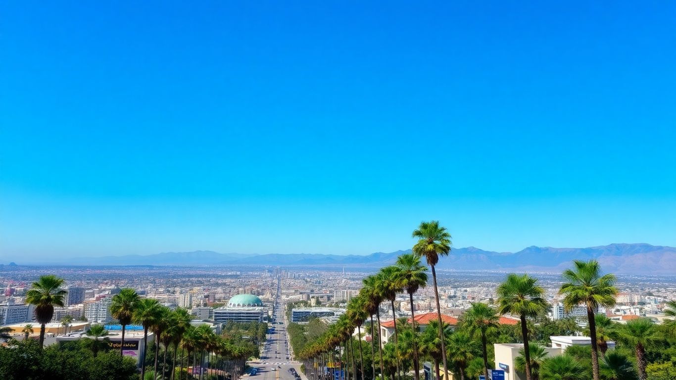 Los Angeles cityscape with mountains and palm trees.