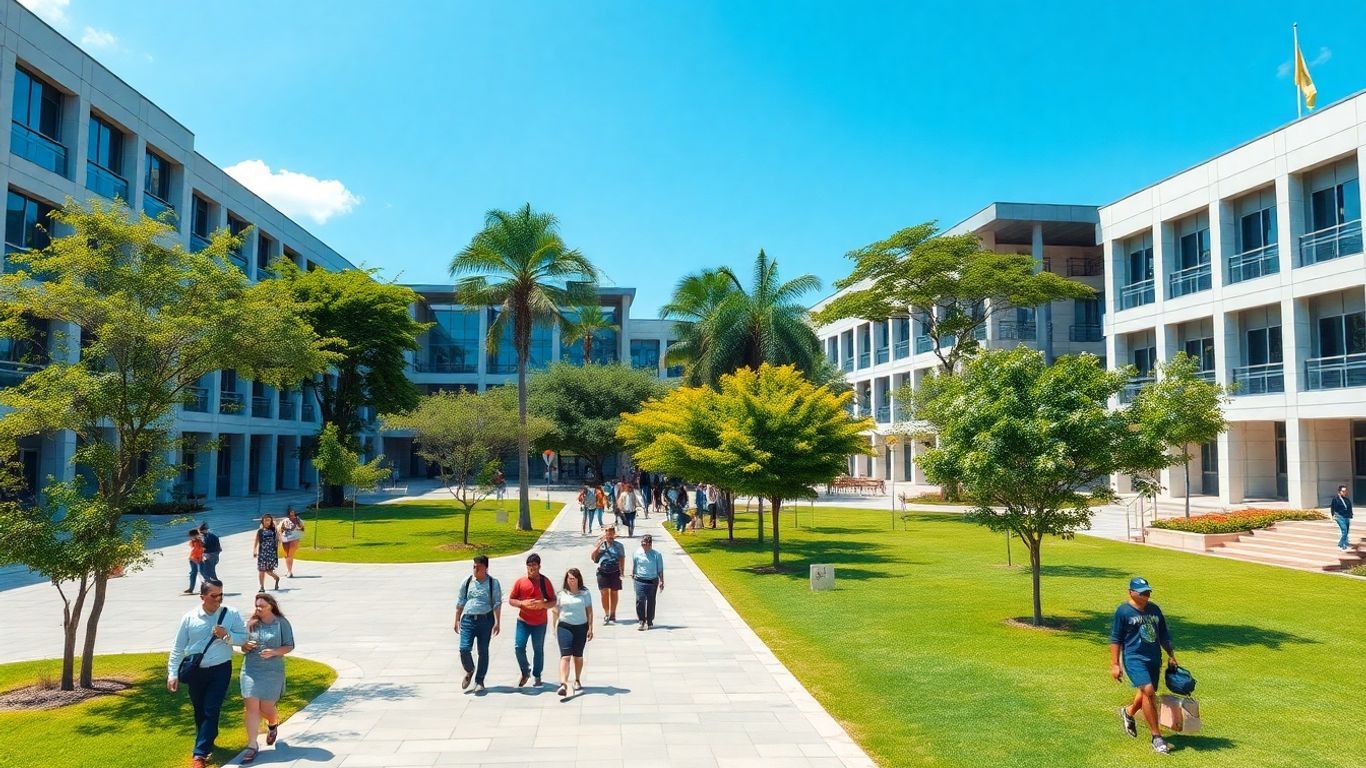 Malaysian university campus with students and modern architecture.