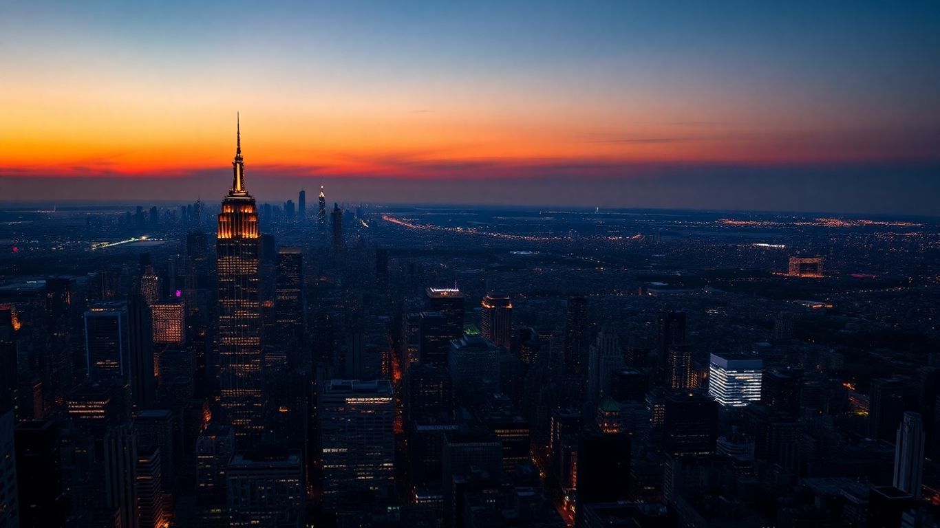 Panoramic view of illuminated US city skylines at dusk.