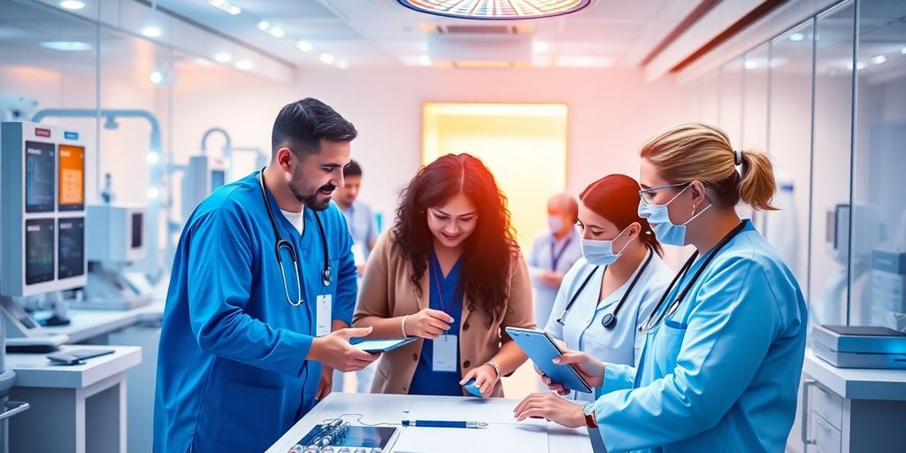 Diverse healthcare professionals collaborating in a modern hospital.