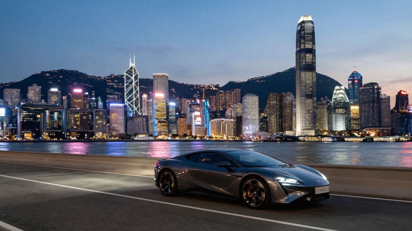 Luxurious cityscape with modern vehicle at dusk.