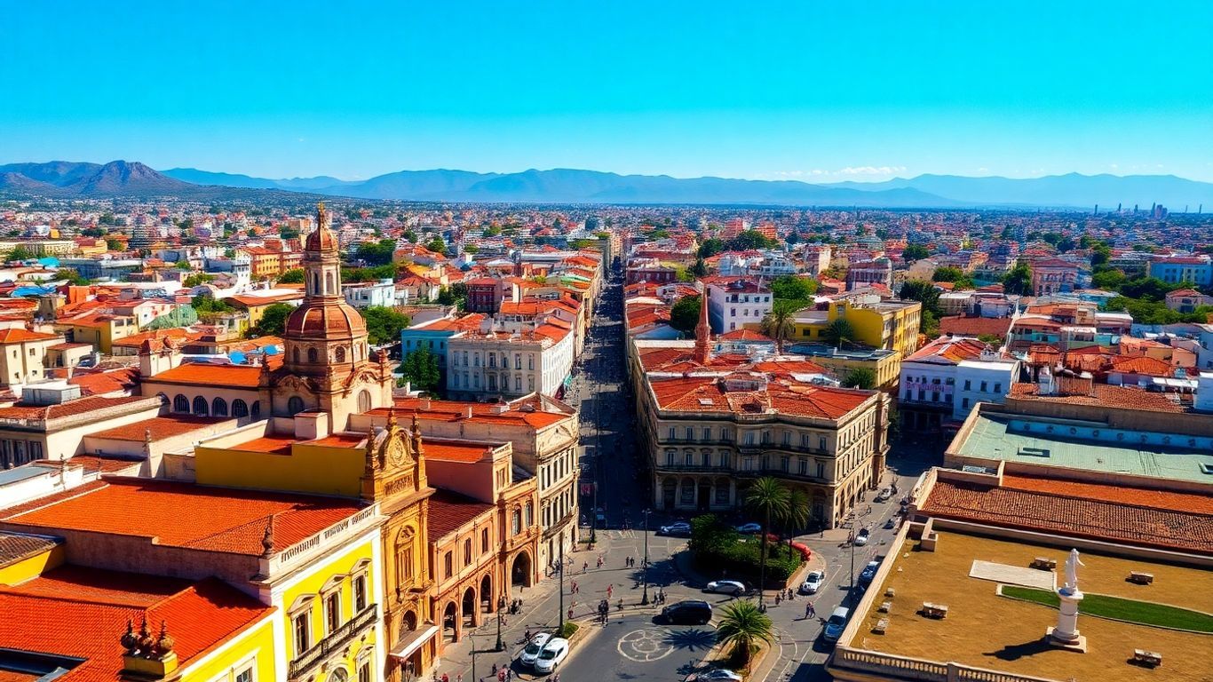 Vibrant Mexico cityscape with colorful buildings and plazas.