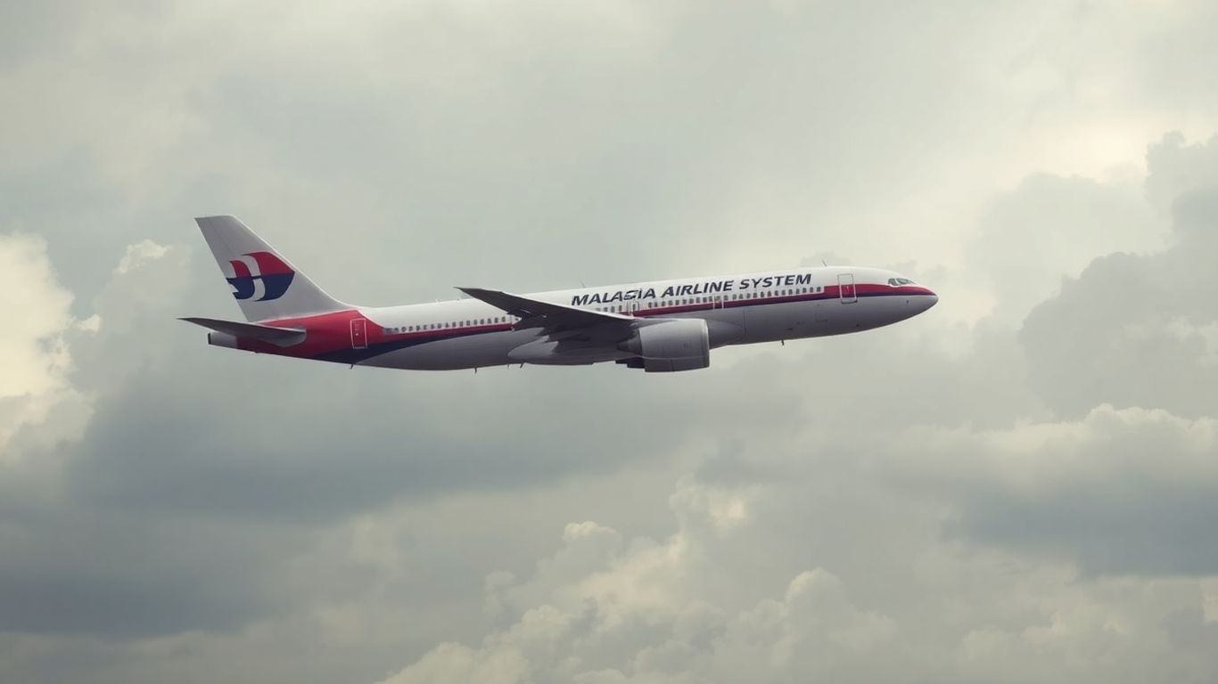 Vintage Malaysian Airline System airplane flying in cloudy sky.