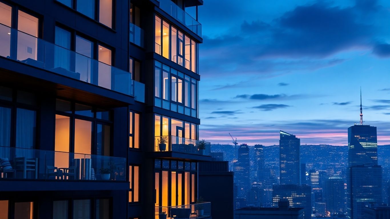 Modern smart apartment building at dusk with city skyline.