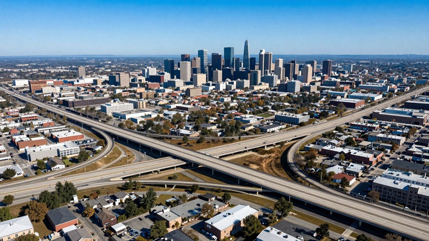 Aerial view of US highways and interstates in a city.