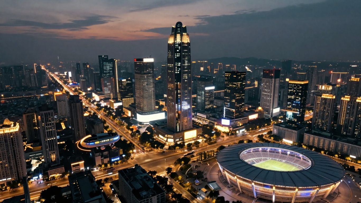 Futuristic city skyline with glowing skyscrapers and hover vehicles.