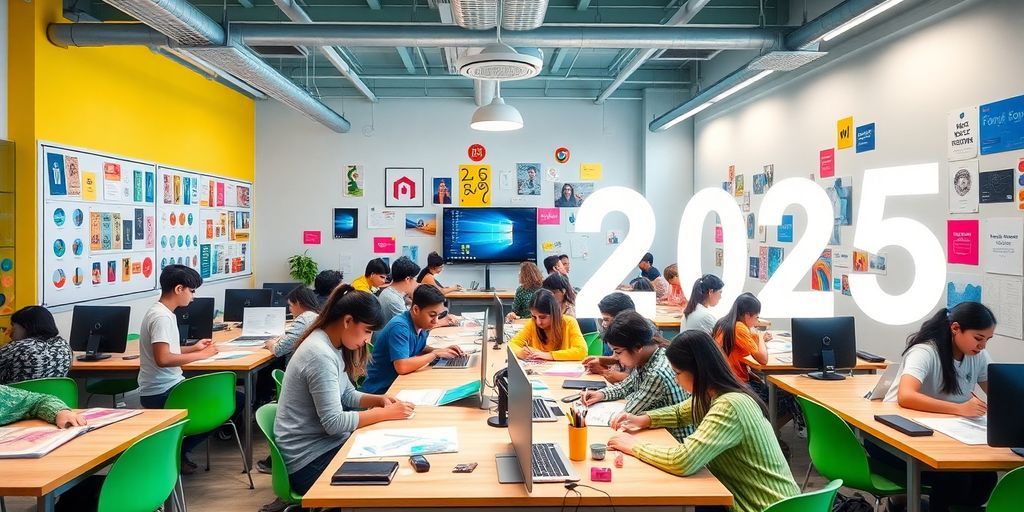Students collaborating in a modern graphic design classroom.