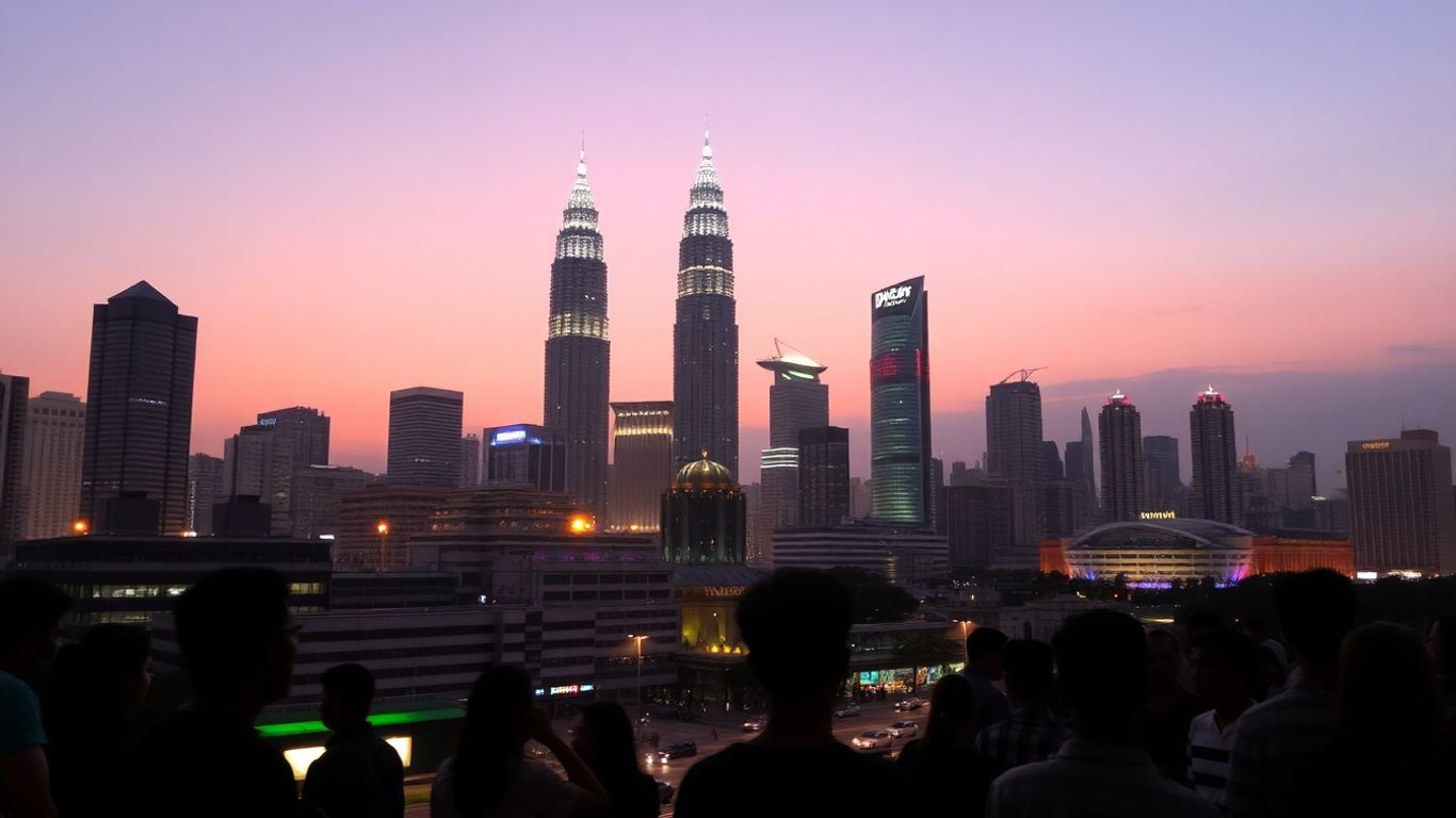 Kuala Lumpur cityscape at dusk with diverse people.