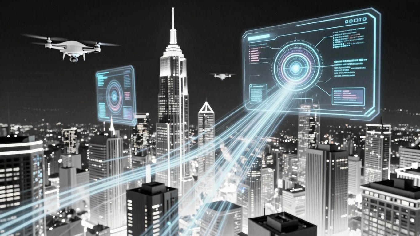 Futuristic cityscape with data streams and drones.