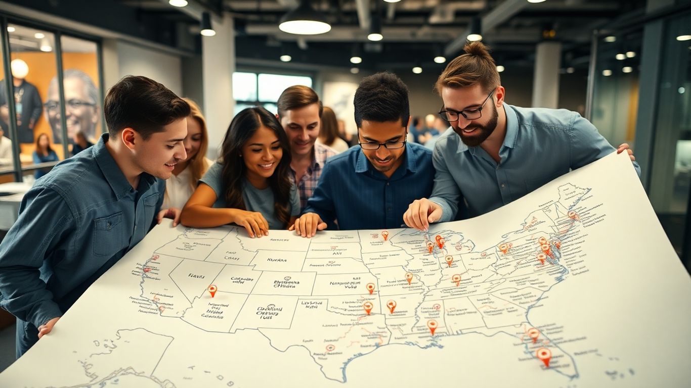 People examining detailed US map with major cities