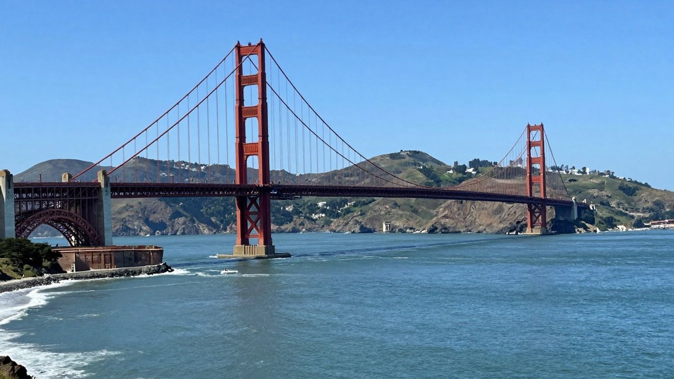Golden Gate Bridge with hills and bay