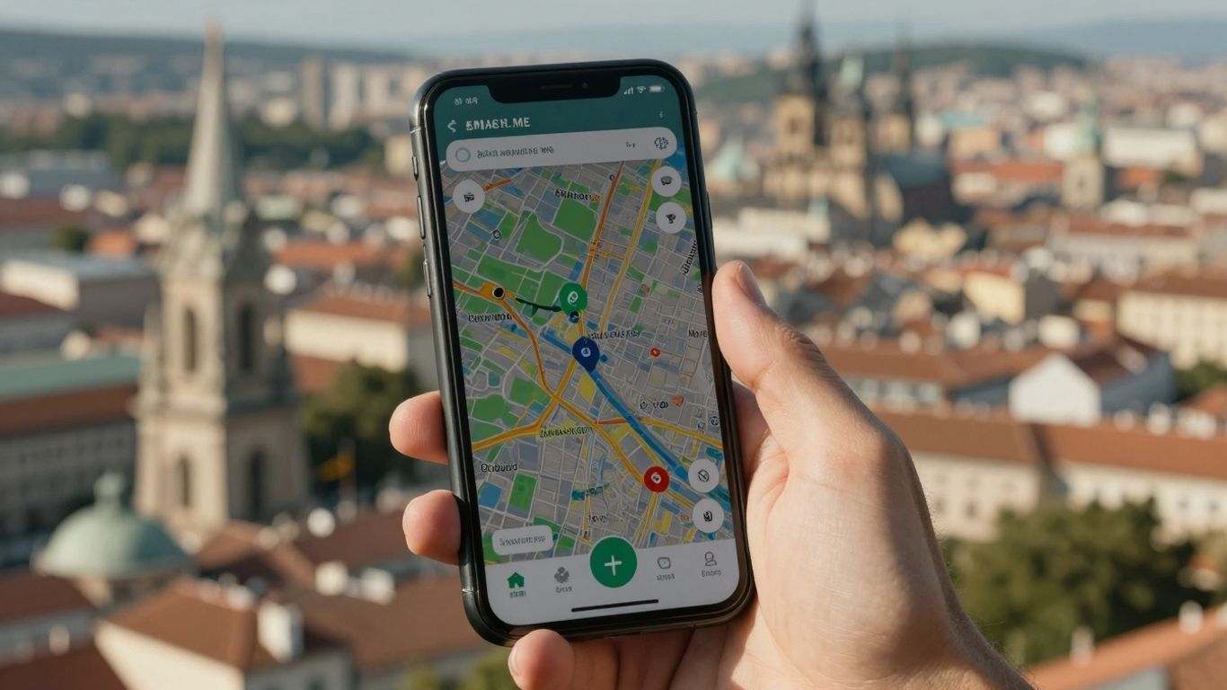 Traveler using Maps.me app in a European city.