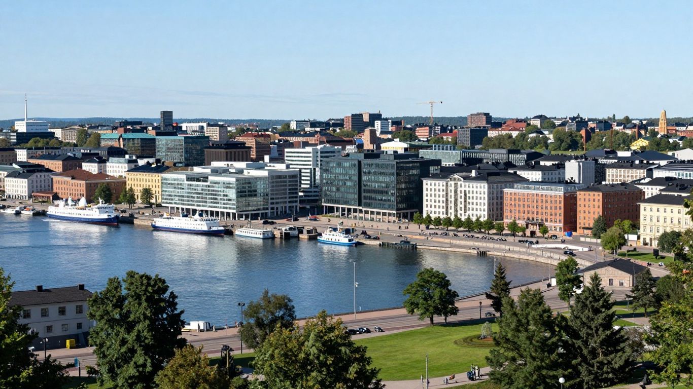 Helsinki cityscape with modern architecture and harbor.