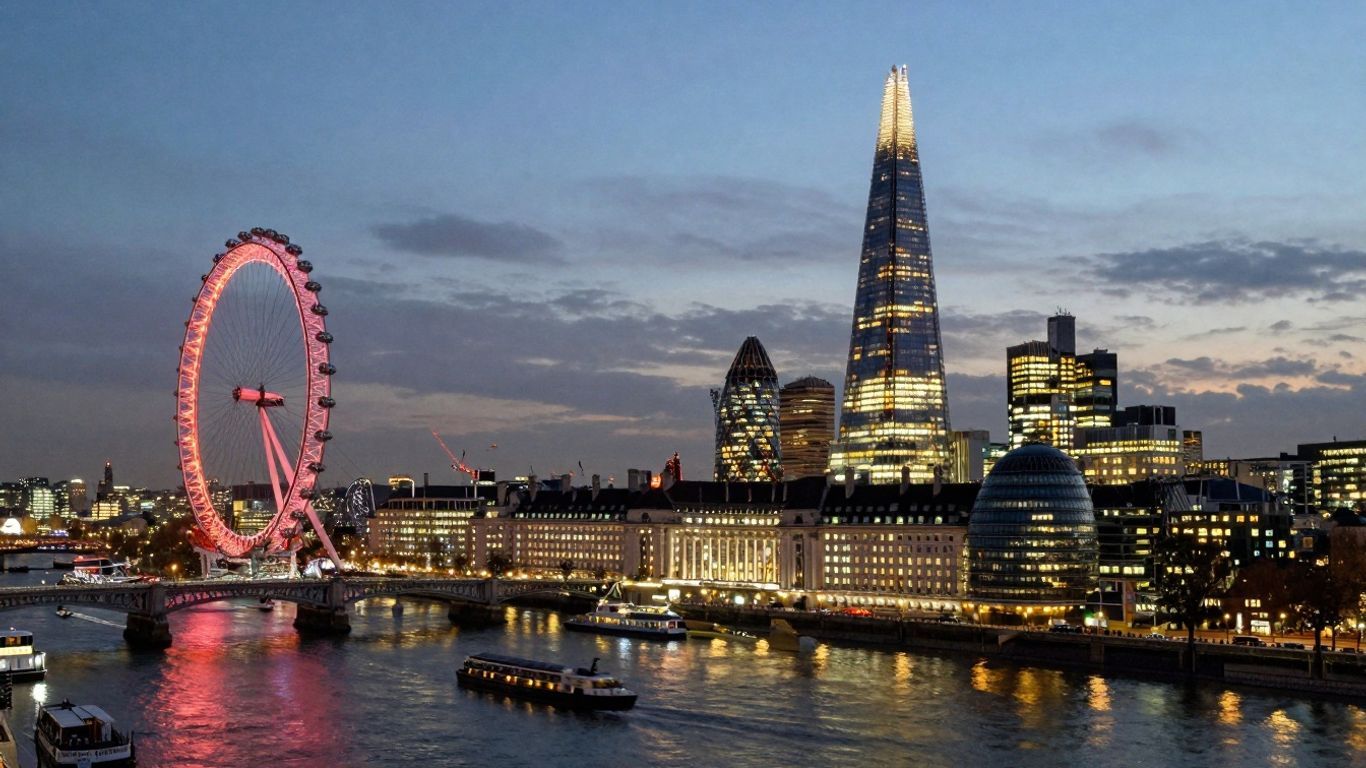 UK city skyline with landmarks at dusk.