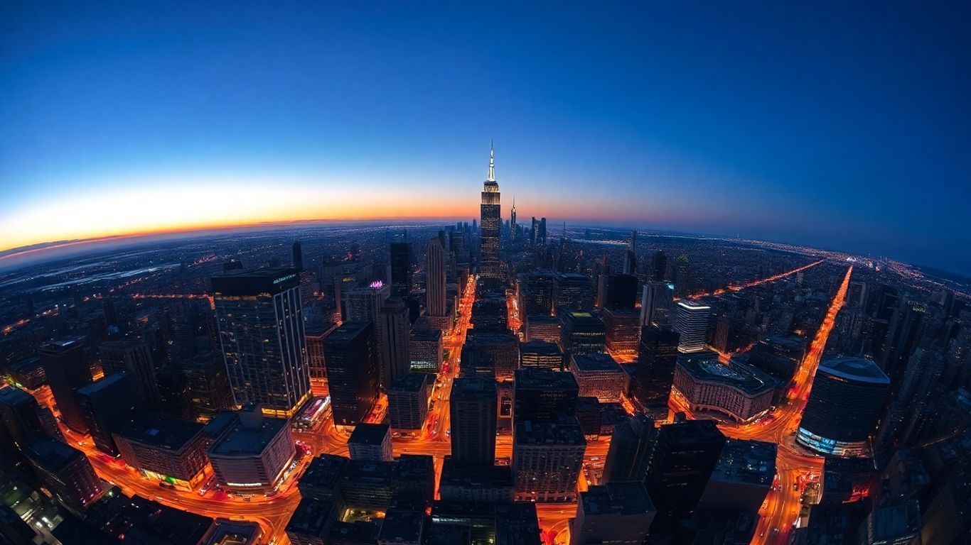 Global city skyline at dusk with dense population.