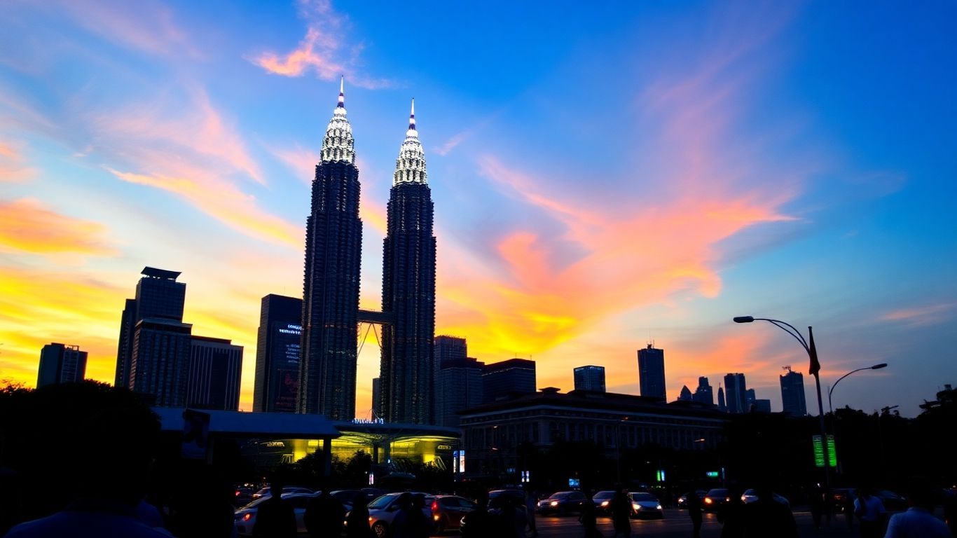 Malaysian cityscape with Petronas Towers at dusk.