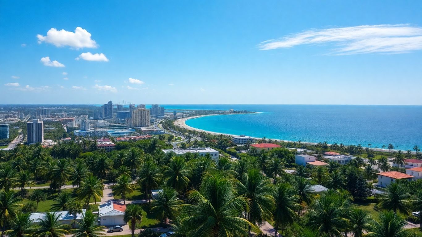 Florida city skyline with palm trees and ocean.