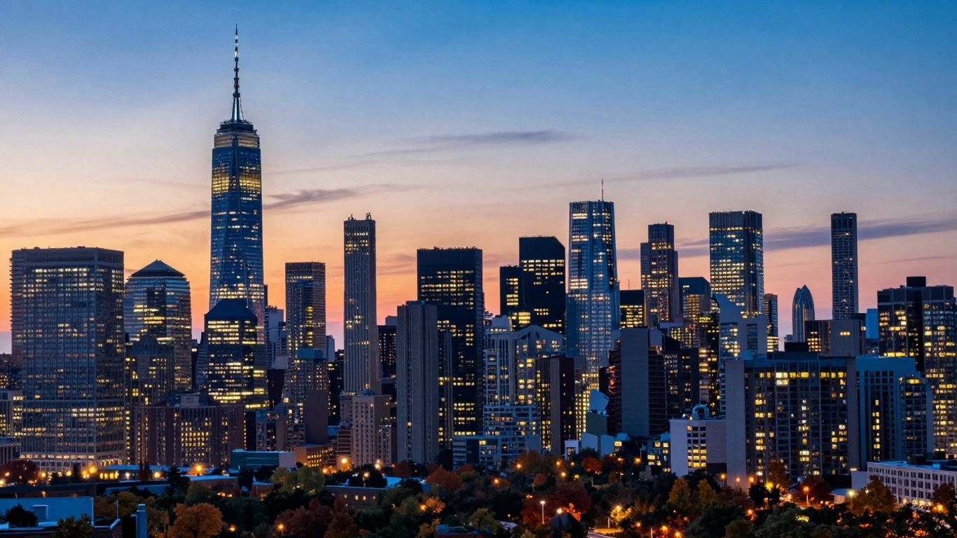 City skyline at dusk with diverse architecture and seasons.