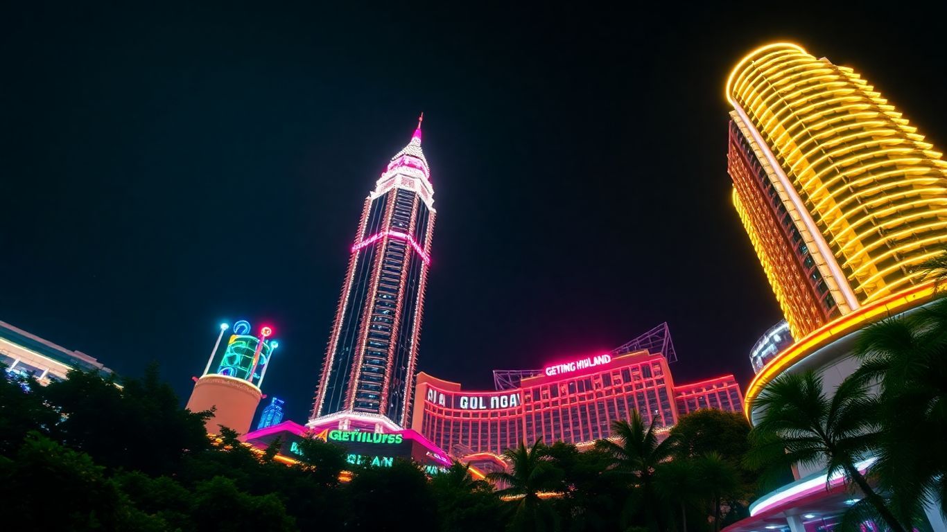 Genting Highlands skyline at night with bright lights.