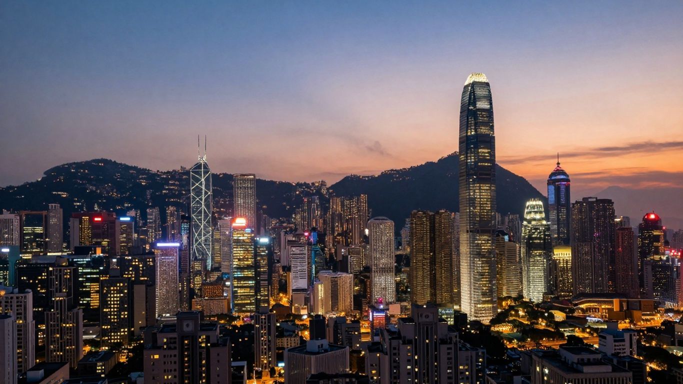 Vibrant city skyline at dusk with illuminated skyscrapers.