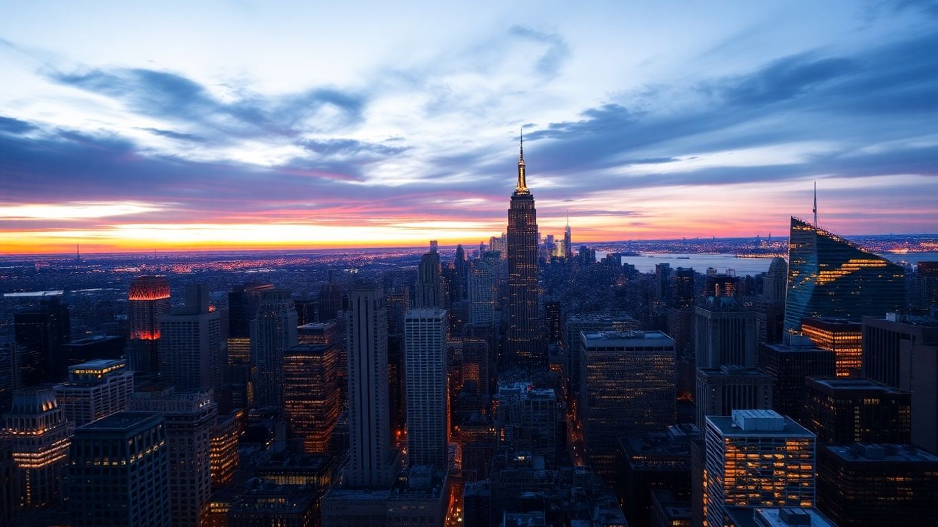 New York City skyline at dusk with illuminated skyscrapers.