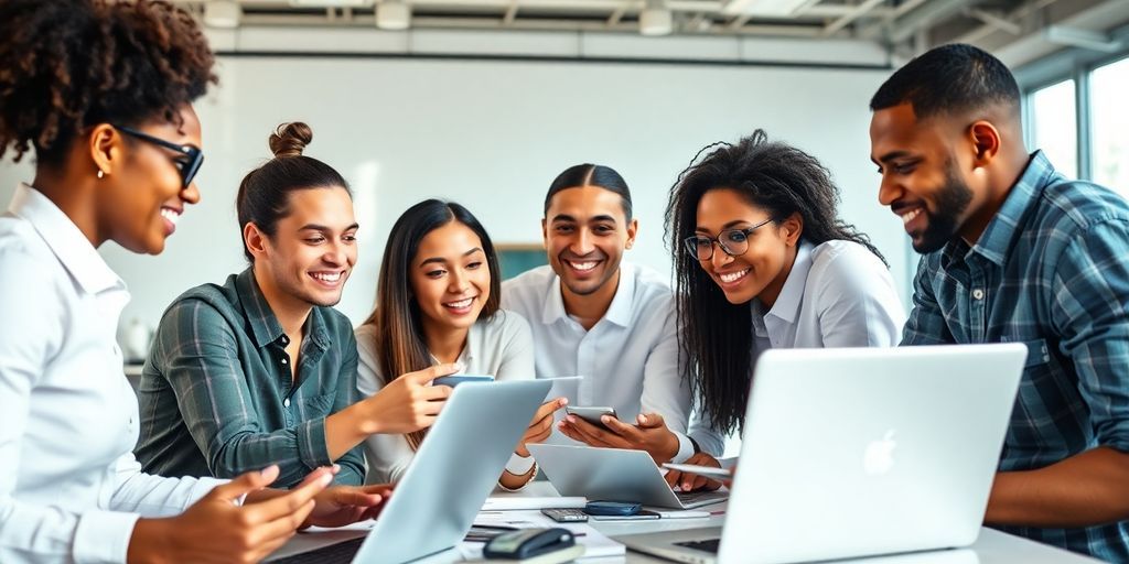 Diverse leaders collaborating with technology in a bright workspace.